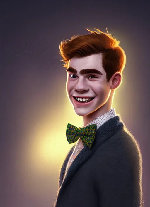 Image similar to portrait of teenage archie andrews, freckles, curly middle part haircut, curly hair, middle part hairstyle, smiling kindly, wearing a bowtie and sweater vest, intricate, elegant, glowing lights, highly detailed, digital painting, artstation, concept art, smooth, sharp focus, illustration, art by wlop, mars ravelo and greg rutkowski