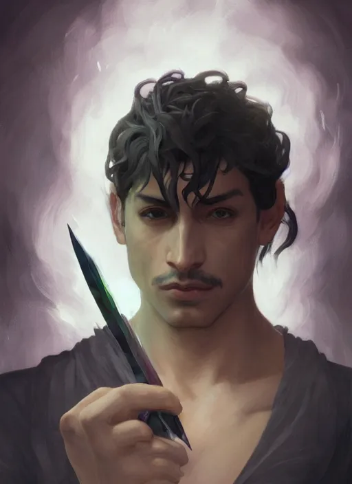 Image similar to character concept portrait of a handsome young corrupted hispanic wizard with olive skin casting an evil spell, a floating iridescent spell book in the center, intricate, elegant, digital painting, concept art, smooth, sharp focus, illustration, from Metal Gear, by Ruan Jia and Mandy Jurgens and William-Adolphe Bouguereau, Artgerm