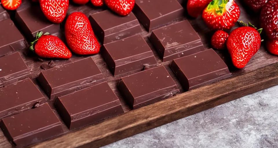 Image similar to An unwrapped gourmet dark chocolate bar, next to sliced strawberries, on a wooden tray, macro lens product photo