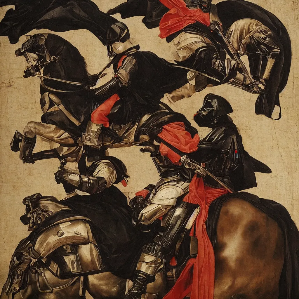 Prompt: darth vader riding a horse, framed renaissance painting, detailed, realistic