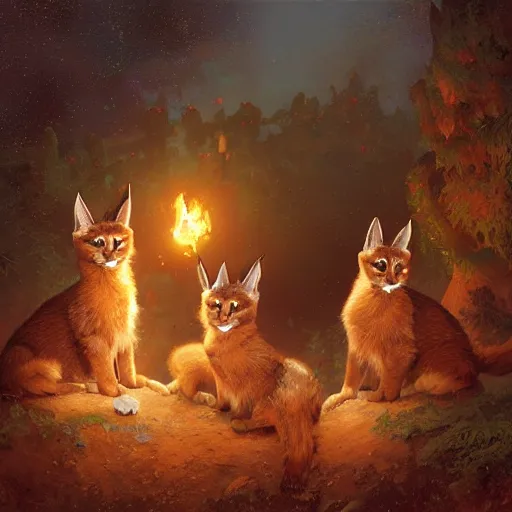 Image similar to three cute caracals wearing red bows and ties, campfire, guitar, night, atmospheric lighting, intricate, volumetric lighting, digital art, highly detailed by gaston bussiere, craig mullins, j. c. leyendecker 8 k