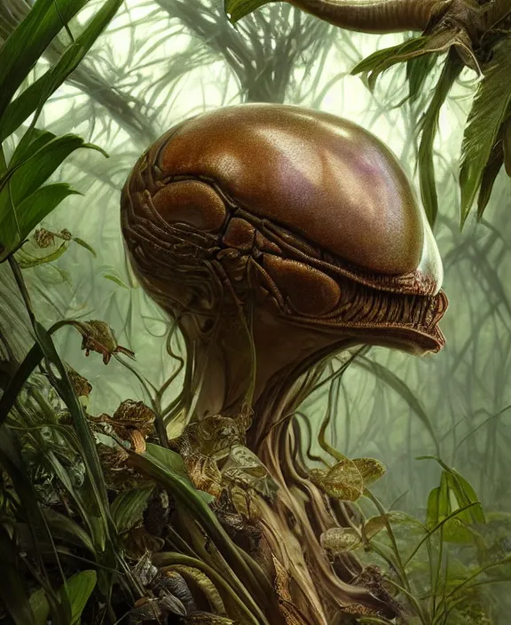 Image similar to intricate earth - toned portrait of a disturbing alien insect creature, mottling coloring, adorable, childlike, overgrown jungle environment, ultra realistic, concept art, maximalist, photorealistic, octane render, 8 k, unreal engine. art by christopher marley and artgerm and greg rutkowski and alphonse mucha