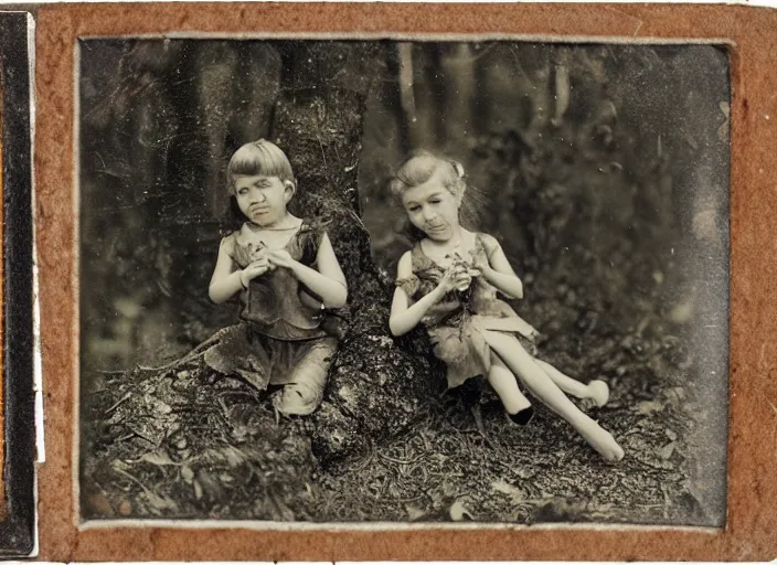 Prompt: tintype photo of tiny fairies in the forest