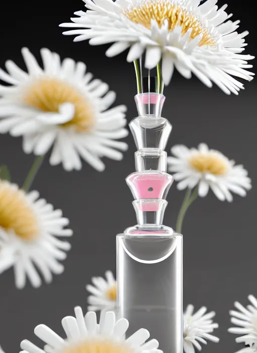 Image similar to perfume bottle standing in a miniature biomechanical white enchanted coral kingdom daisies, roses in an ivory room well contoured smooth fair walls, up close shot, sharp focus, global illumination, radiant light, alexandre ferra white mecha, irakli nadar, octane highly render, 4 k, ultra hd,