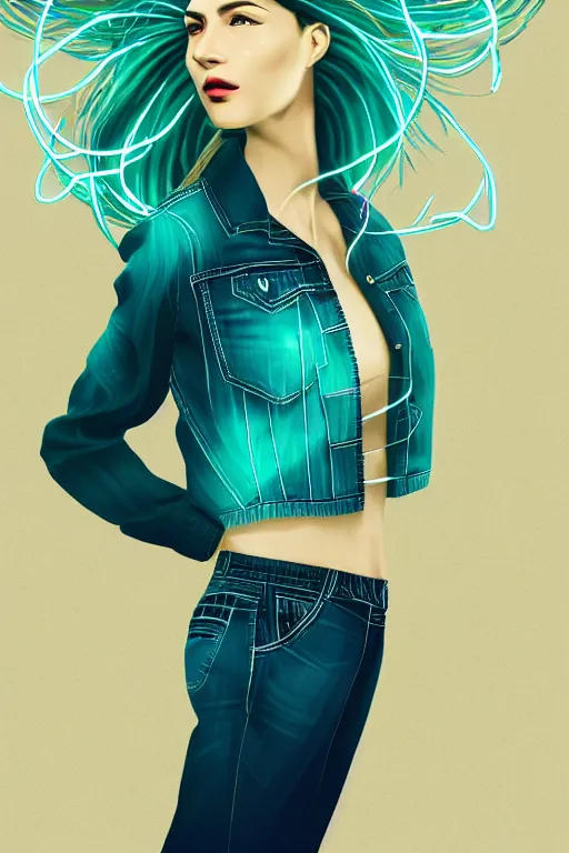 Image similar to a award winning half body portrait of a beautiful woman with stunning eyes in a croptop denim jacket and cargo pants with ombre green teal hairstyle head in motion and hair flying while dancing by thomas danthony, surrounded by whirling illuminated lines, outrun, vaporware, shaded flat illustration, digital art, trending on artstation, highly detailed, fine detail, intricate