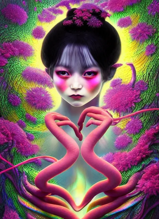 Prompt: hyper detailed 3d render like a Oil painting - kawaii action portrait Aurora (black haired Fae acrobat) seen Eating of the Strangling network of yellowcake aerochrome and milky Fruit and Her delicate Hands hold of gossamer polyp blossoms bring iridescent fungal flowers whose spores black the foolish stars by Jacek Yerka, Mariusz Lewandowski, Houdini algorithmic generative render, Abstract brush strokes, Masterpiece, Edward Hopper and James Gilleard, Zdzislaw Beksinski, Mark Ryden, Wolfgang Lettl, hints of Yayoi Kasuma, octane render, 8k