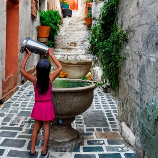 Prompt: anime girl in a greek attire pouring water out of a gourd into a fountain, spanish alleyway