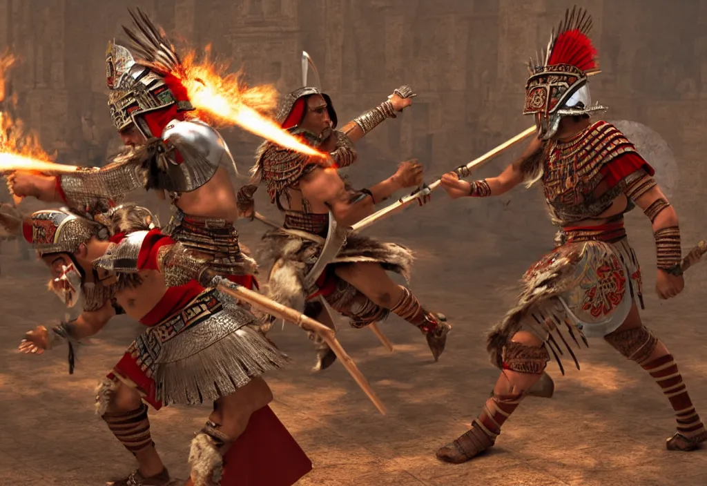 Image similar to a aztec warrior fighting the pope, high quality CG render, 4K