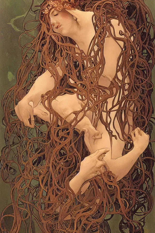 Prompt: a painting of medusa crying a full flood of tears, her body surounded by thorn and brumbles by Alphonse Mucha
