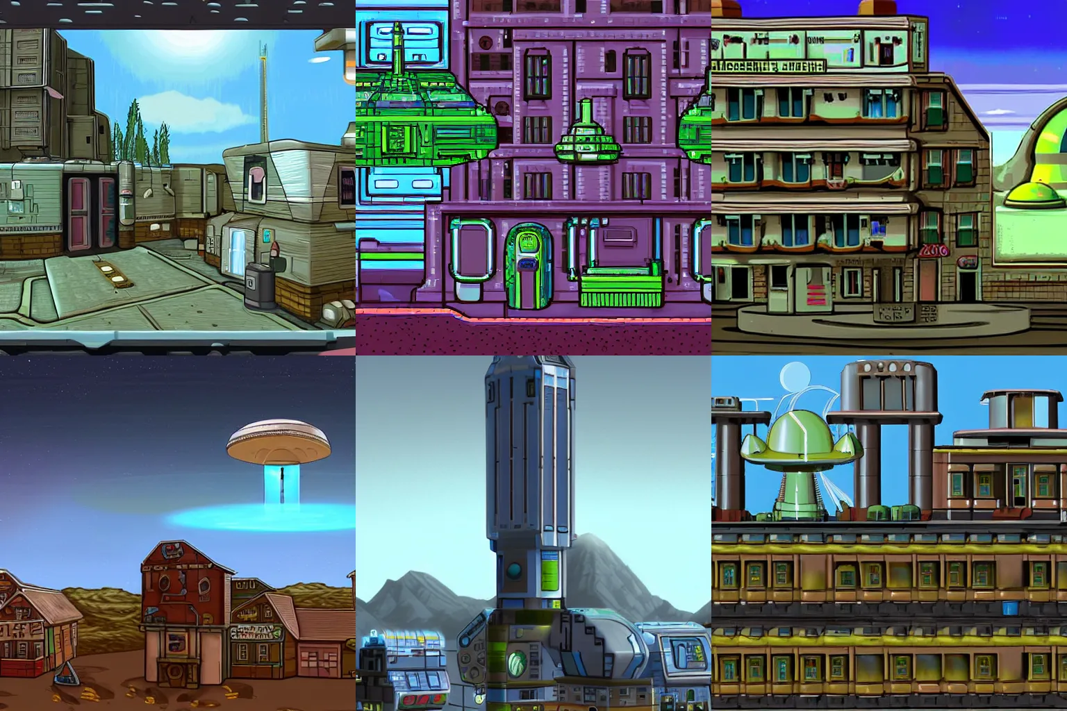 Prompt: a small town on an alien planet, the building are made from modular capsules, from a space themed Serria point and click 2D graphic adventure game, made in 1999, high quality graphics