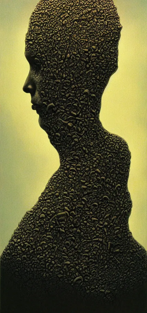 Image similar to black dramatic portrait painting of human with black mandelbrot fractal instead of face, in style of zdzisław beksinski, darkness, horror, body horror, scary,