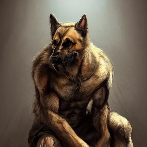 Image similar to a wounded humanoid german shepherd beast - man in military style, sitting on the bed, highly detailed portrait, digital painting, artstation, concept art, smooth, sharp foccus ilustration, artstation