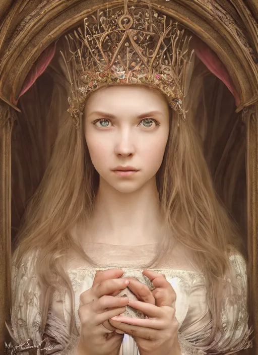 Prompt: closeup portrait of a fairytale medieval princess, depth of field, zeiss lens, detailed, symmetrical, centered, fashion photoshoot, by nicoletta ceccoli, mark ryden, lostfish, earl norem, breathtaking, 8 k resolution, extremely detailed, beautiful, establishing shot, artistic, hyperrealistic, beautiful face, octane render