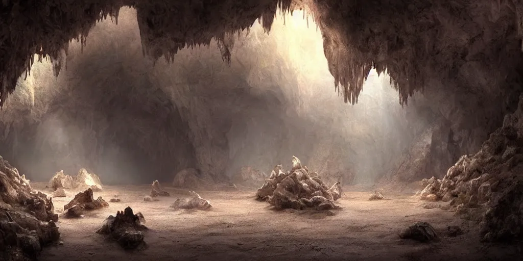 Image similar to beautiful matte painting of a cave with glowing crystals on the walls and bone piles on the floor, fantasy, sharp focus