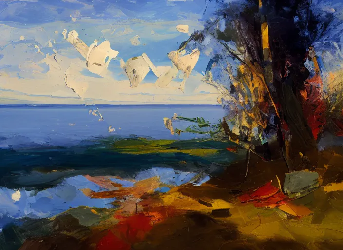 Prompt: palette knife, impasto oil painting of silent calm lake shore by hans hofmann, thick paint brush strokes, art by anders zorn, wonderful masterpiece by greg rutkowski, beautiful cinematic light, american romanticism by greg manchess, creation by tyler edlin