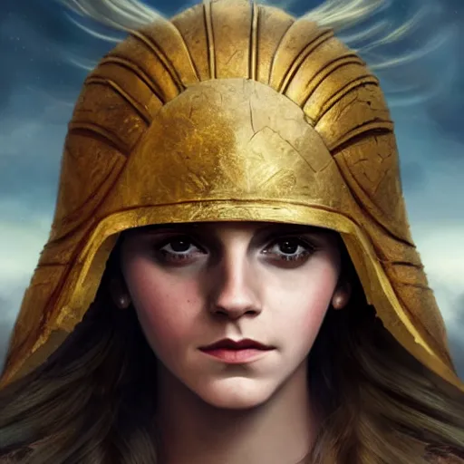 Image similar to Emma Watson as ancient greek woman in golden helmet, giant grey-haired bearded male face in the sky, epic fantasy style art, fantasy epic digital art