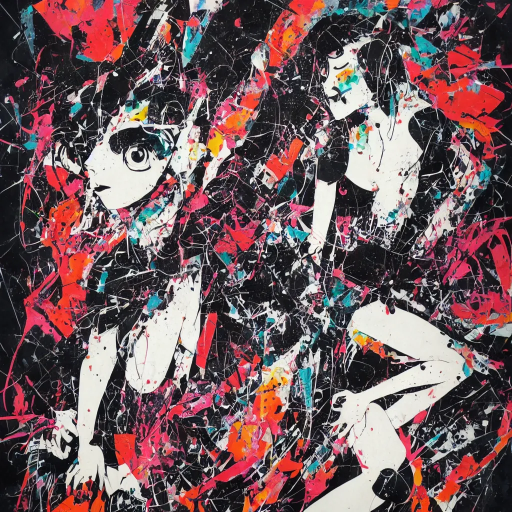 Prompt: girl figure, abstract, jet set radio artwork, ryuta ueda artwork, cryptic, rips, spots, asymmetry, stipple, lines, splotch, color tearing, pitch bending, stripes, dark, ominous, eerie, hearts, minimal, points, technical, circuits, old painting, natsumi mukai artwrok, folds