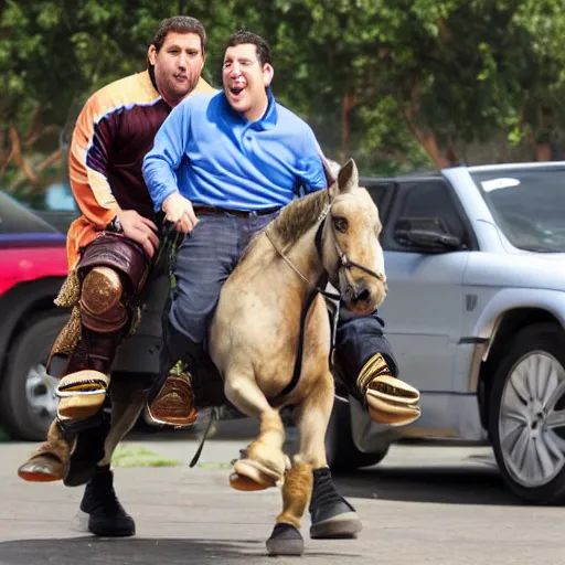 Image similar to adam sandler and jonah hill jousting