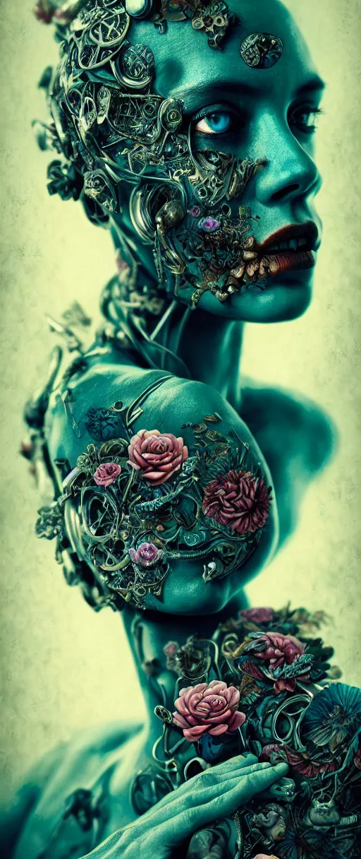 Image similar to hyperrealistic hyper detailed neo-surreal close-up 35mm side portrait of cyborg covered in rococo flower tattoos matte painting concept art hannah yata very dramatic dark teal lighting low angle hd 8k sharp shallow depth of field