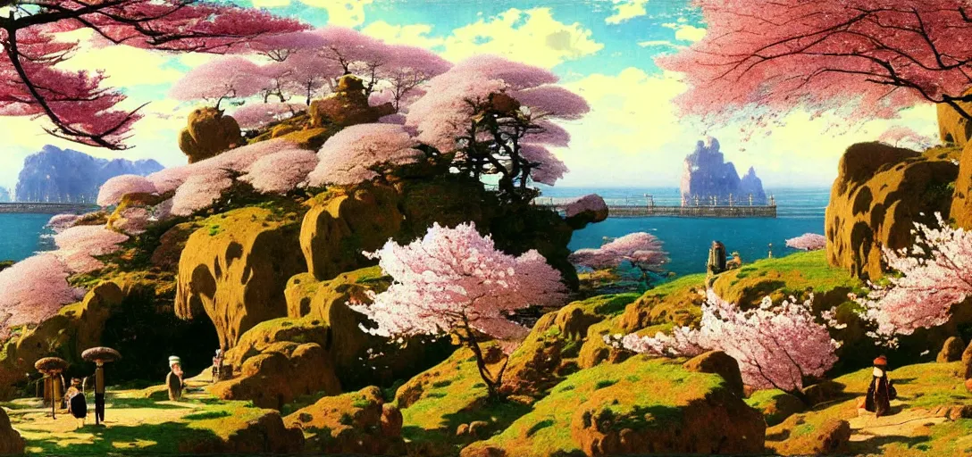 Image similar to ghibli illustrated background of a strikingly beautiful landform with strange rock formations and cherry blossoms by vasily polenov, eugene von guerard, ivan shishkin, albert edelfelt, john singer sargent, albert bierstadt 4 k