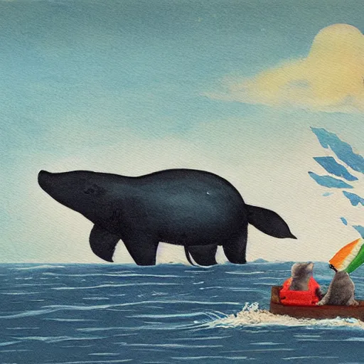 Image similar to bears riding on the back of a whale, storybook painting