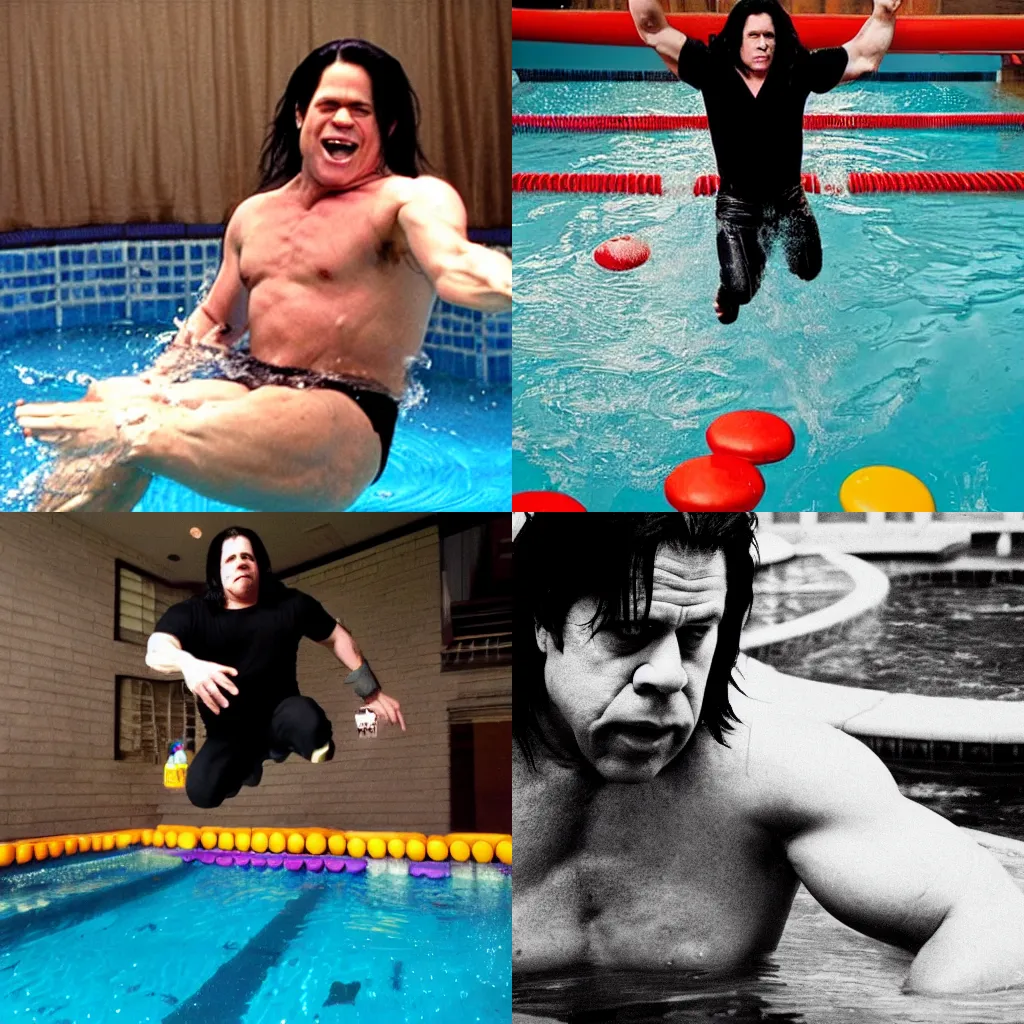 Prompt: Glenn Danzig jumping into a swimming pool filled with M&Ms