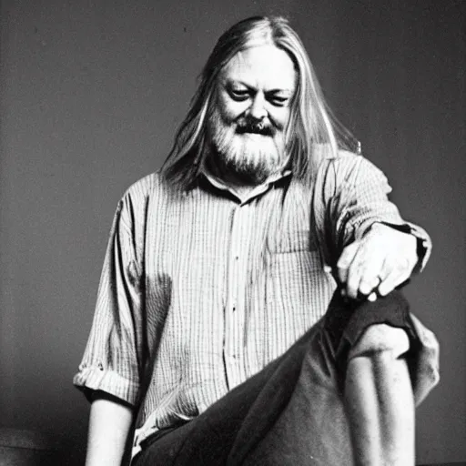 Image similar to robert wyatt with big robot cyborg legs