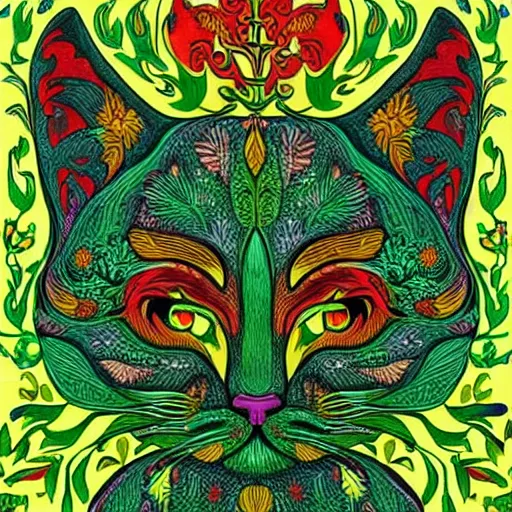Prompt: colourful green man cat by louis wain and william morris, 8 k, artstation