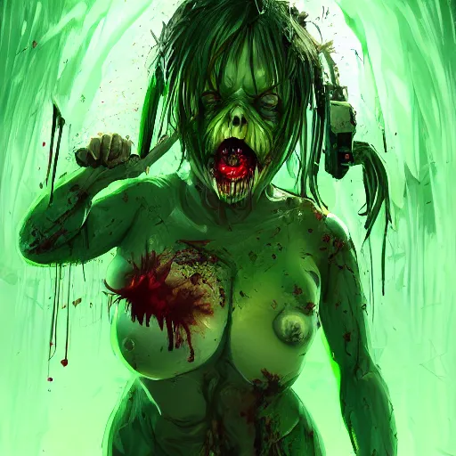 Image similar to angry fat zombie female, full body portrait, neon - green vomit, horror core, apocalyptic, feeling of grimdark, sharp focus, fiction, hyper detailed, digital art, trending in artstation, cinematic lighting, studio quality, smooth render, unreal engine 5 rendered, octane rendered, art style and nixeu and wlop and krenz cushart