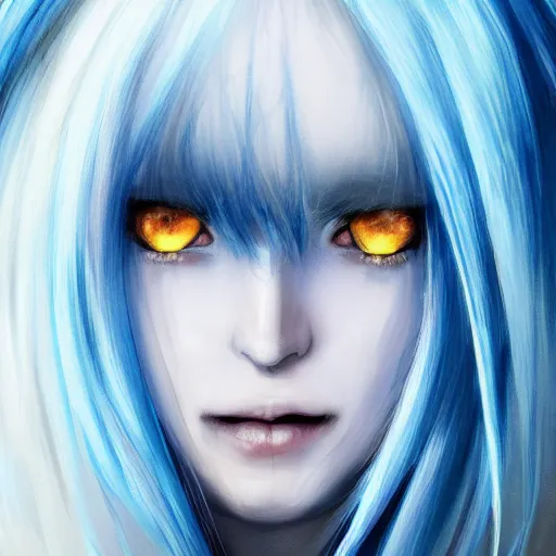 Image similar to face shot of rimuru tempest, sky blue straight hair, long bangs, with amber eyes, gold eyes, wearing a black jacket, high collar, ultra detailed, brush strokes, digital painting, cinematic, wlop artstation, closeup, pixiv, eerie, scary, intimidating glare, evil, yoshitaka amano, junji ito,