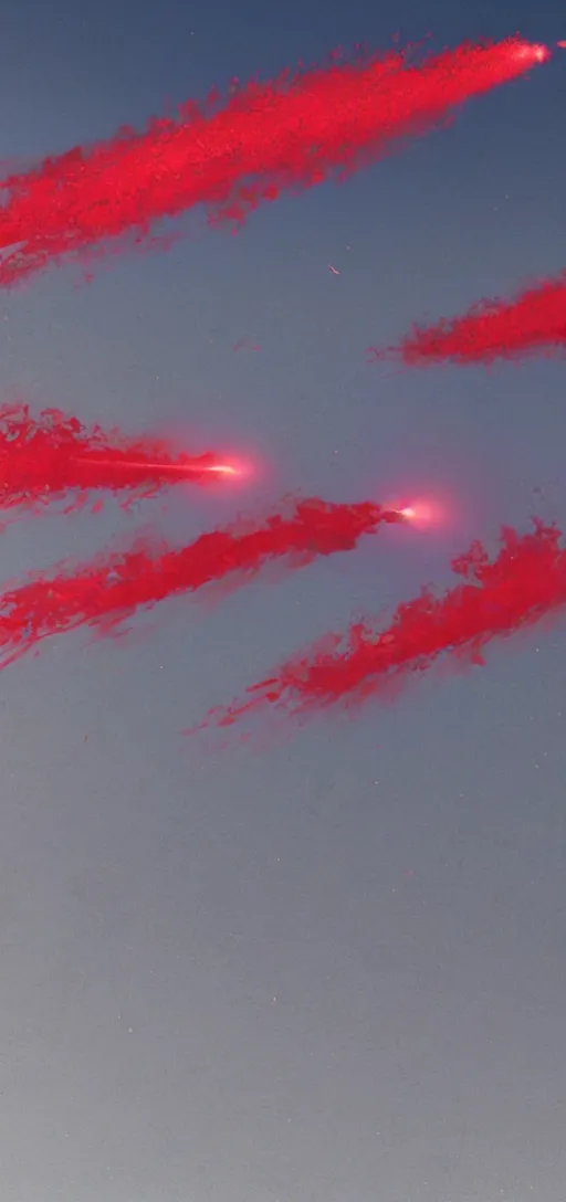 Image similar to three red flares spewing a trail of red smoke flying over a blue desert in late evening, artstation, moebius, fury road, realistic