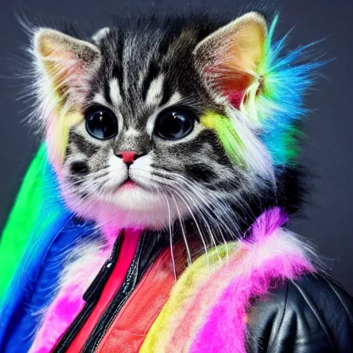 Image similar to wide angle full body, jacket wearing fluffy cute rainbow kitten wearing a black leather motorcycle jacket, cinematic concept art