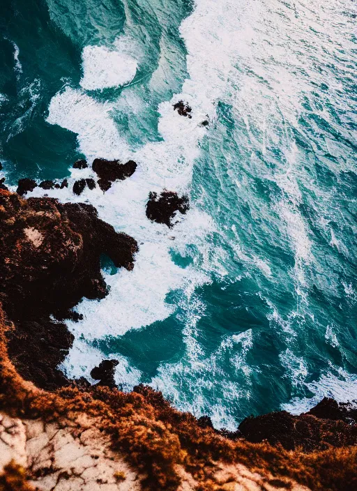 Image similar to a view of the ocean from a cliff, a tilt shift photo by liam wong, unsplash, naturalism, cinematic view, terragen, shot on 7 0 mm