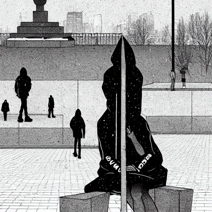 Image similar to sadie sink in hoodie sits on bench in a square, pedestrians walk by. background of old soviet monument and pedestrians. storyboard, scifi cyberpunk. by gabriel hardman, joe alves, chris bonura. cinematic atmosphere, detailed and intricate, perfect anatomy