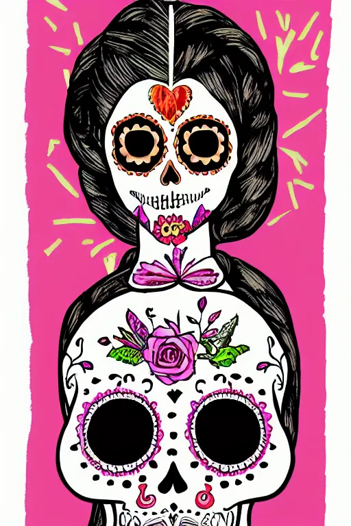 Prompt: Illustration of a sugar skull day of the dead girl, art by wes anderson