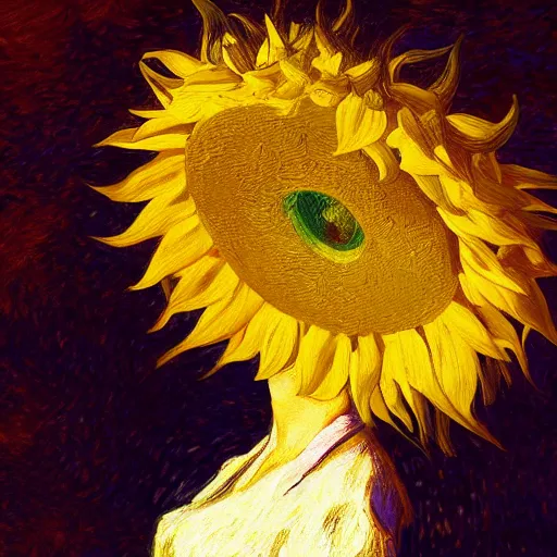 Image similar to closeup, giant sunflower head, woman standing in a room, surreal, dramatic light, impressionist painting, digital painting, artstation, van gogh