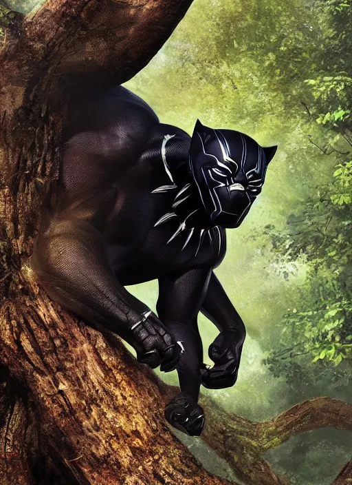 Image similar to close-up shot of Black Panther in a tree, looking directly at you, octane render, concept art, smooth, sharp focus, illustration, sigma, rule of thirds, from Marvel Studios, by Ryan Meinerding
