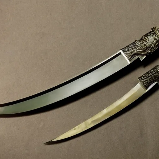 Prompt: A long Kitana style sword marked with herons on the blade. Ordinary and worn hilt. Black background, shiny. Full blade visible. Picture with Canon.