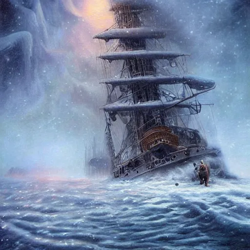 Prompt: a victorian era exploration frigate lost in the arctic, attacked by a polar kraken, in a snowstorm art by artgerm and Todd Shorr, featured on artstation