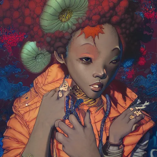 Image similar to afropunk portrait soft light painted by james jean and katsuhiro otomo and erik jones, inspired by akira anime, smooth face feature, intricate oil painting, high detail illustration, sharp high detail, manga and anime 1 9 9 9