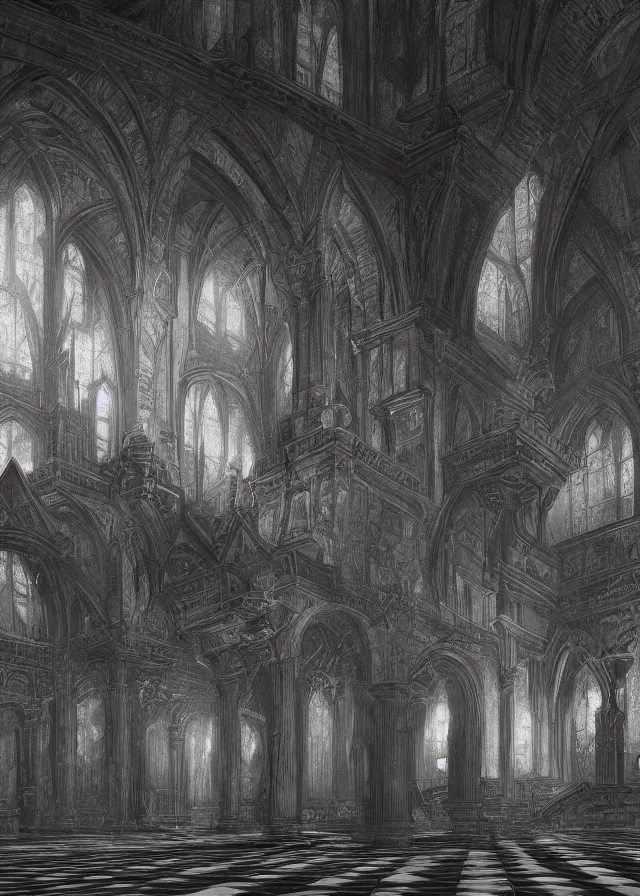 Prompt: interior of a satanic cathedral with checkered floor, pencil, concept art, detailed, 4k, artstation