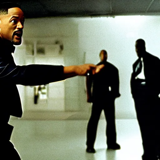 Prompt: film still of Will Smith as Neo in The Matrix fighting an agent