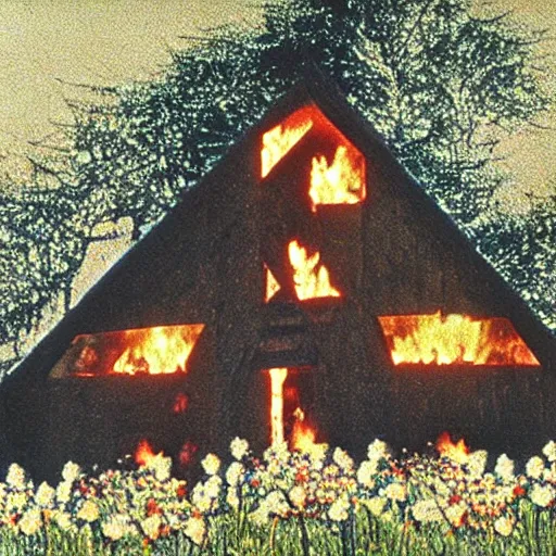 Image similar to vhs 1 9 8 0 s footage of a scene from the movie midsommar a - line shaped wooden building on fire, field of flowers