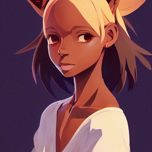 Prompt: portrait of a dark skinned woman with blonde hair and fox ears, wings, highly detailed, digital painting, artstation, matte, by makoto shinkai, animation style, studio ghibli, anime key visual