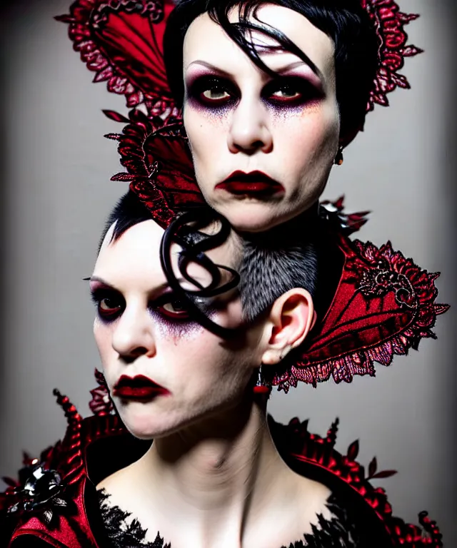 Prompt: surreal highly detailed photo portrait of a beautiful female vampire, short black pixie cut with shaved sides hair, depressing hopeless horrific vibe, 150 mm lens, soft rim light, bold ornate crimson robes with silver lace trim, pronounced facial contouring, sly expression, pale skin, dark studio background, Alexander McQueen, high fashion, haute couture, rococo, anatomical, elegant, hyper realistic, octane render, unreal engine 5, art by Dora Maar and P. Craig Russell and Barry Windsor-Smith, hints of Dan Hillier and H. R. Giger, volumetric lighting, 8k, vibrant high contrast coloring, Art Nouveau, masterpiece, intricate, ethereal