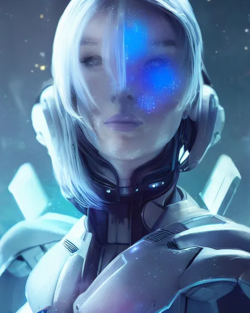 Image similar to perfect android girl on a mothership, warframe armor, beautiful face, scifi, futuristic, galaxy, nebula, raytracing, dreamy, long white hair, blue cyborg eyes, sharp focus, cinematic lighting, highly detailed, artstation, divine, by gauthier leblanc, kazuya takahashi, huifeng huang