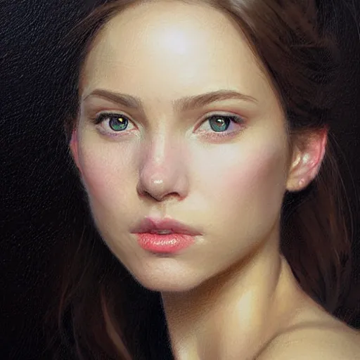 Image similar to Facial portrait of a cute girl, looking at the camera, slight awkward smile, lips slightly parted, no hands visible, elegant, intricate, extremely detailed painting by Greg Rutkowski and by Henry Justice Ford and by Steve Henderson