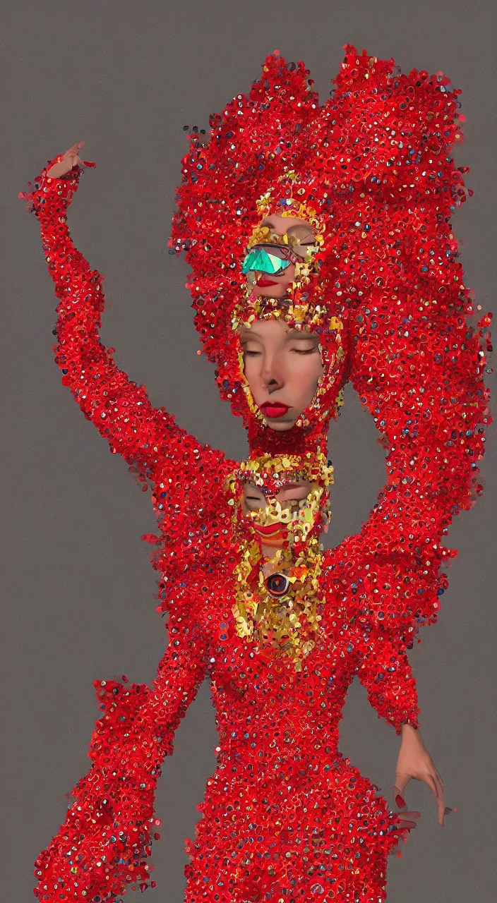 Image similar to a full - body female character design wearing a red sequined bodysuit, beads hanging over her face like an alexander mcqueen headdress, costume by eiko ishioka, haute couture by moebius, steven outram, colorful and psychedelic, hd, 8 k, artstation, high quality