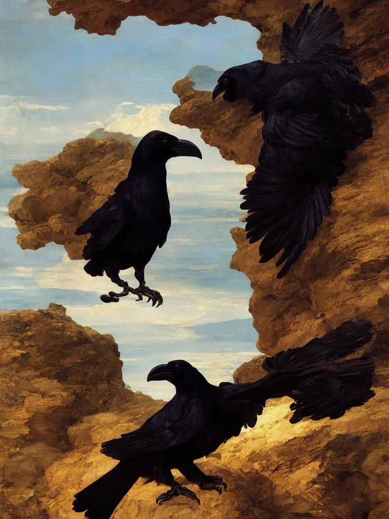 Image similar to a breathtakingly stunningly beautifully highly detailed close up portrait of a raven under a rock arch, epic coves crashing waves plants, beautiful clear harmonious composition, dynamically shot, wonderful strikingly beautiful serene sunset, detailed organic textures, by frederic leighton and rosetti and turner and eugene von guerard, 4 k