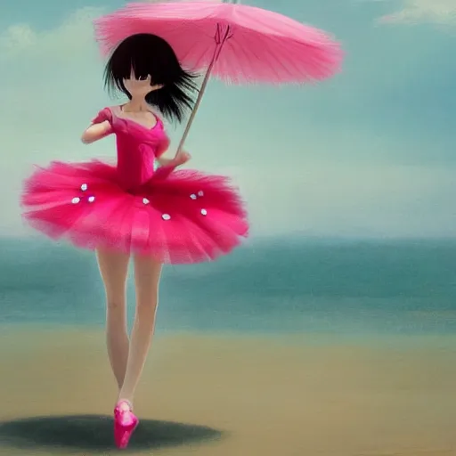 Prompt: radish in a pink ballet tutu, by john harris, while walking a dog on a beach, anime style, 4 k, high detail, minimalistic